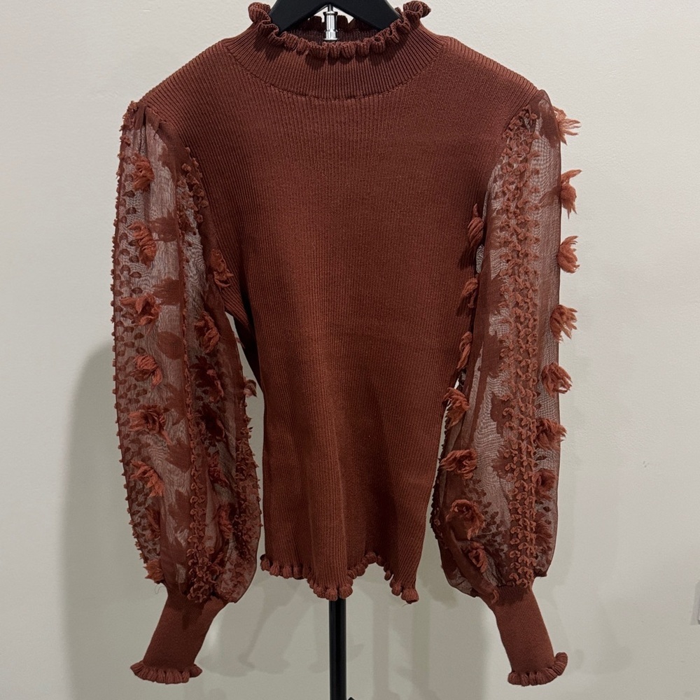 Almost Famous Brown Sheer Sleeve Blouse